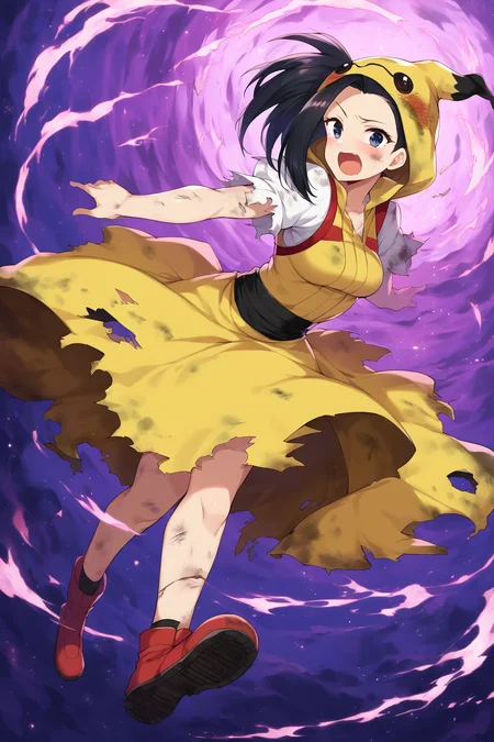 score_9, score_8_up, score_7_up, score_6_up, score_5_up, score_4_up, masterpiece, high quality, BREAK, full body, BREAK, 1girl, <lora:Yaomomo:0.9> yaomomo, woman, person, yaoyorozu momo <lora:MimikyuFit:1> MimikyuFit, mimikyu, pokemon, outfit, hood, pale yellow outfit, ripped clothes, broken clothes, dirty clothes,