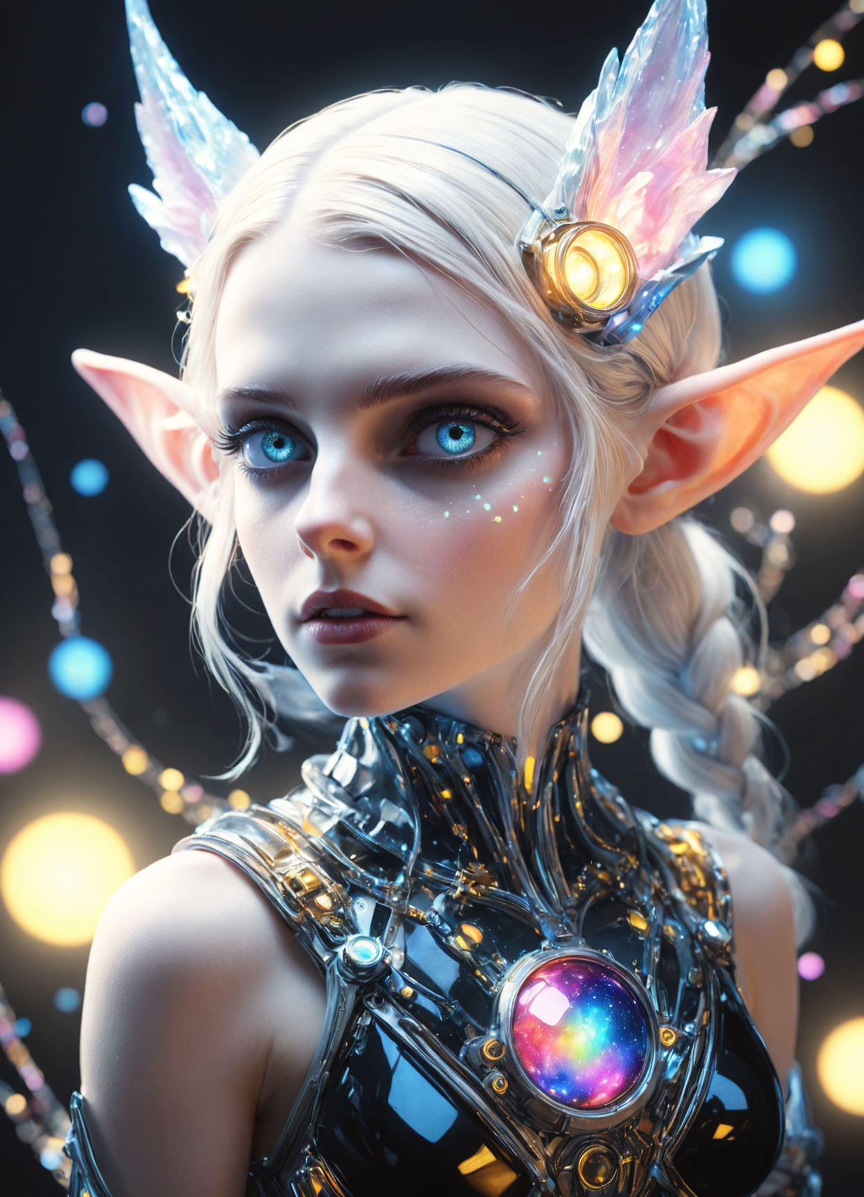 beautiful anthropomorphic elves, gentle sensual creatures from parallel worlds, living in eight dimensions. Hyper realism, photo realism, hyper detail, aesthetically pleasing, beautiful, cyber nerd, full-length view, focus on the eyes, in the Gatsby style. On the background is the edge of the universe, a black hole. 30mm lens, 1/250s, f/2.8, 4k, pixel graphics. With a friend, exotic, bright, glitter, a riot of colors, small pearls, subsurface scattering, Photorealistic, Hyperrealistic, analog style, realistic, film photography, soft lighting, heavy shadow