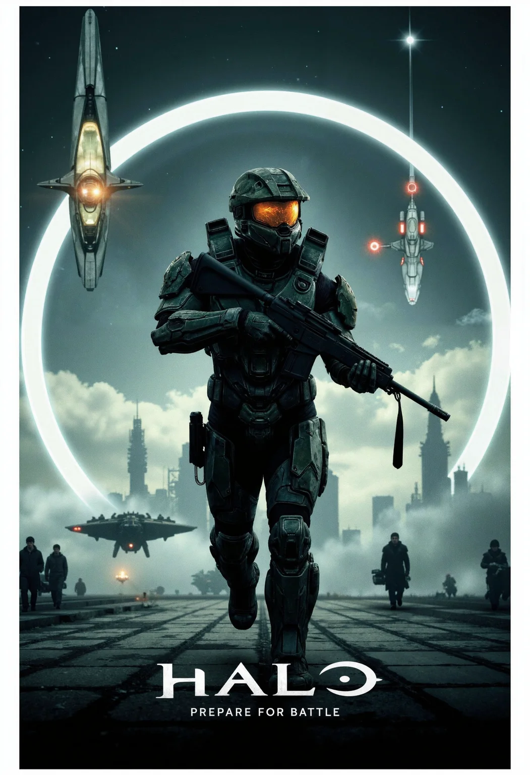 allposter, Create a futuristic, action-packed poster for Halo. Feature Master Chief in full armor, holding his iconic assault rifle, with the Halo ring structure looming in the background. Use high-tech, sci-fi elements like holograms, energy shields, and sleek starships to enhance the posterâs intensity. The title 'HALO' should be in bold, metallic typography at the top, with a tagline like 'Prepare for Battle' underneath. The color palette should be cool, with metallic greys, greens, and blues, emphasizing the high-stakes, intergalactic warfare theme.<lora:Flux.1_Turbo_Detailer.safetensors:0.75:0.75> <lora:FLUX_All_Posters.safetensors:0.7000000000000001:0.7000000000000001>