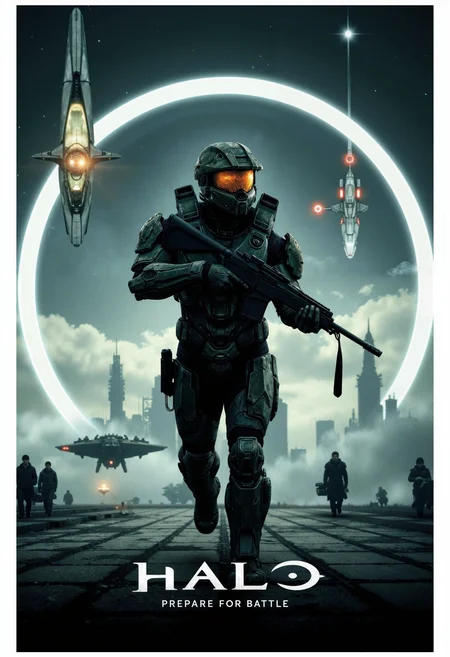 allposter, Create a futuristic, action-packed poster for Halo. Feature Master Chief in full armor, holding his iconic assault rifle, with the Halo ring structure looming in the background. Use high-tech, sci-fi elements like holograms, energy shields, and sleek starships to enhance the posterâs intensity. The title 'HALO' should be in bold, metallic typography at the top, with a tagline like 'Prepare for Battle' underneath. The color palette should be cool, with metallic greys, greens, and blues, emphasizing the high-stakes, intergalactic warfare theme.<lora:Flux.1_Turbo_Detailer.safetensors:0.75:0.75> <lora:FLUX_All_Posters.safetensors:0.7000000000000001:0.7000000000000001>