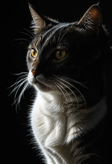 Close up of a cat, high contrast, black and white, backlit, silhouette, black background, backlight
<lora:add-detail-xl:1>
<lora:WildcardX-XL-Detail-Enhancer:1>
<lora:MJ52:0.375>
<lora:CinematicStyle_v1:0.42>