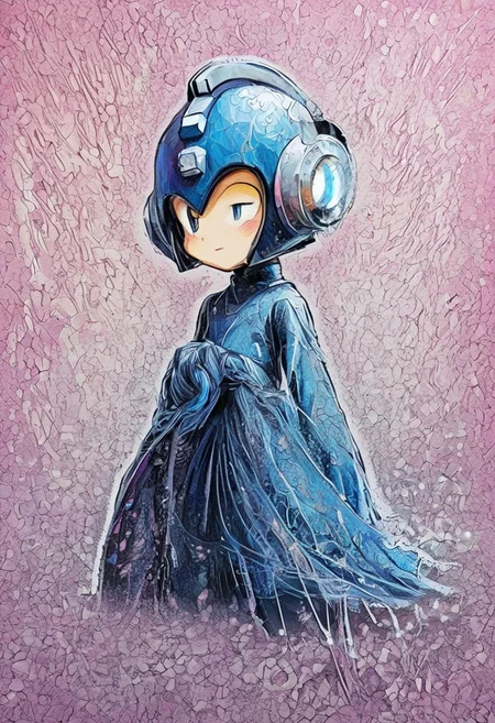 Midjourney style, pastel, dry chalk, poster, manga, anime, gothic, masterpiece, best quality, super detailed, ultra realistic, novuschroma79 style, megaman in glitch art style, Rockmegamen