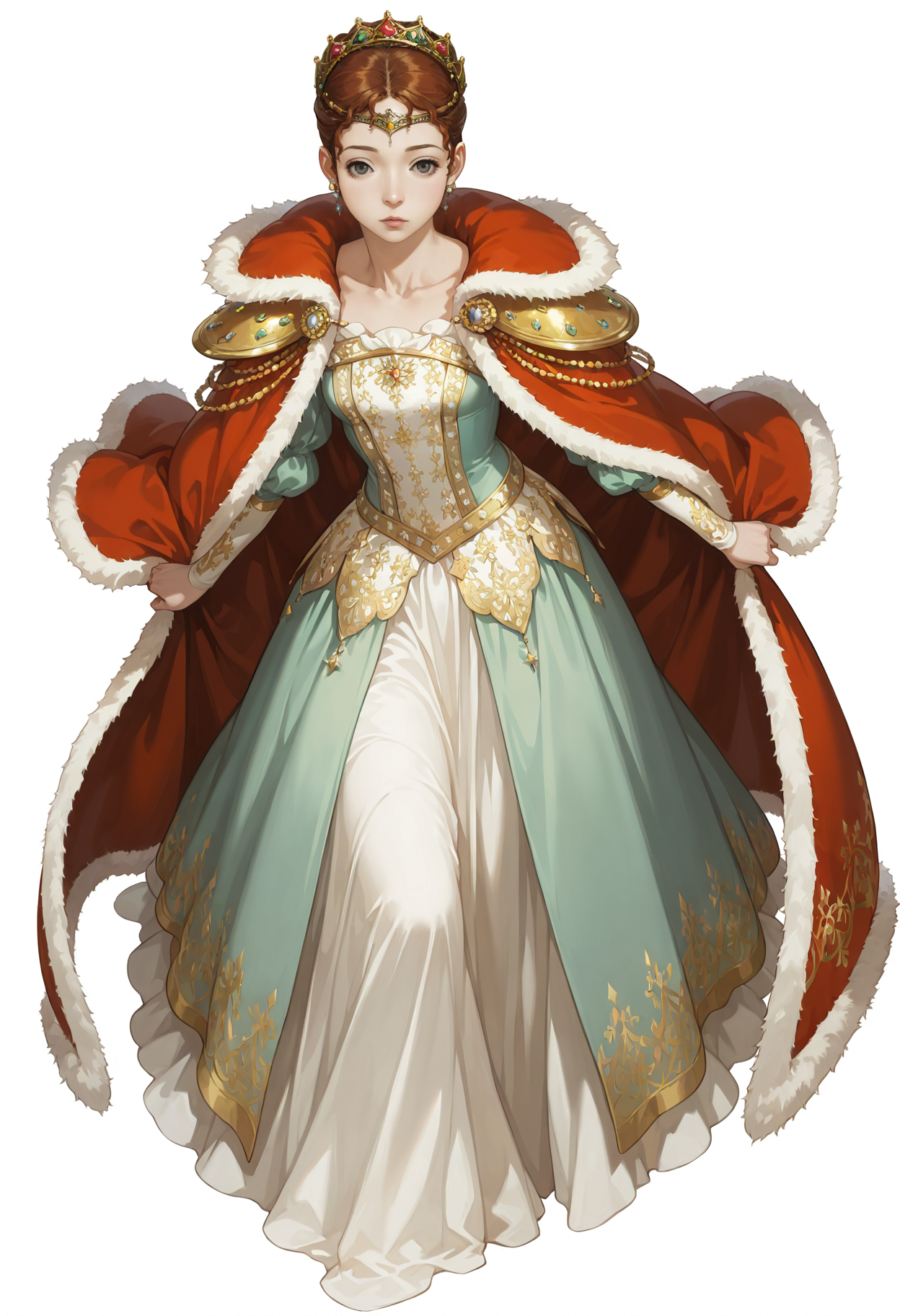 <lora:add-detail-xl:1>,masterpiece,best quality,absurdres,highres,detailed eyes,beautiful,detailed background,perfect eyes,realistic,solo,
1girl,dynamic pose,white background,full body,
<lora:Sharurotto:1>,brown hair,lips,grey eyes,brown eyes,black eyes,eyelashes,red hair,jewelry,crown,tiara,dress,princess,earrings,cape,hair up,collarbone,short hair,fur trim,