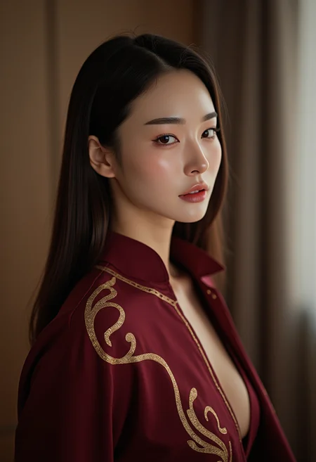 photo of a korean woman,High quality, 8k, RAW photo, beautiful and aesthetic, complex detail, Indirect light,photorealistic,woman, Luxauly_outfit,luxiory fashion,gold trim
