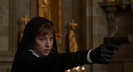 dramatic cinematic  side angle still of a young woman aiming a matte black G17Model Glock Pistola commanding portrait of a young nun with fair skin and shoulder-length ash-brown hair styled into loose waves beneath a neatly folded black veil, her piercing green eyes locking onto the viewer with firm resolve; she wears a fitted black habit with crisp white trim, her hands gripping a heavy silver revolver with a polished barrel, the weapon aimed confidently at the viewer; behind her, the grand stone interior of a cathedral is illuminated by warm candlelight, with towering arches and golden icons lining the walls; faint wisps of incense rise in the air, adding movement and texture, while the interplay of light and shadow across her figure creates a dramatic and reverent tone  dark, dramatic lighting<lora:Glock (G17)_epoch_12.safetensors:1.0:1.0>