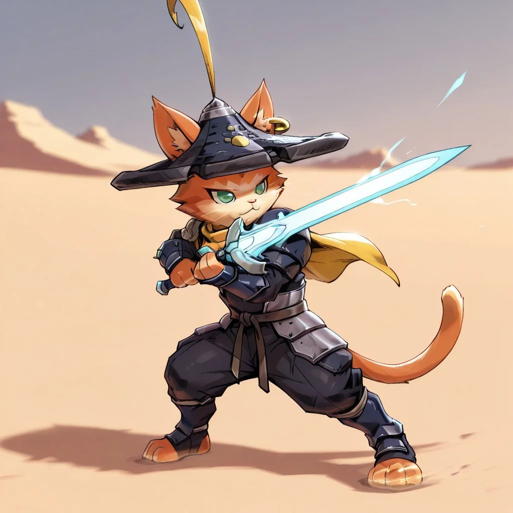 solo, masterpiece, best quality, amazing quality, very aesthetic, high resolution, ultra-detailed, absurdres, newest, scenery, depth of field, scenery, volumetric lighting, by amakuchi, ff7, 1boy, cr0wnprinc3, male, furry male, anthro, solo, cat, orange fur, two-tone fur, green eyes, pointed ears, ear tufts, pink nose, whiskers, tail, feathered hat, gold piercing, black shirt, yellow scarf, shoulder pad, arm guards, light armor, black pants, fight stance, holding blue thunder sword, outdoor, desert, full body