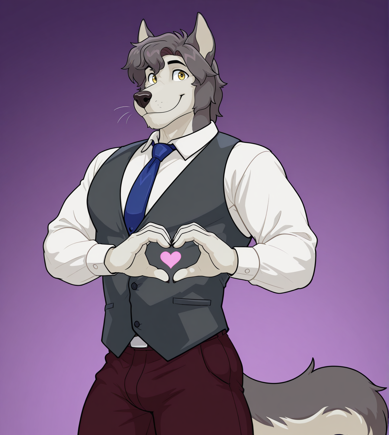 (solo), anthro, male, shirt, dark red pants, vest, yellow eyes, smile, pose, posing, pinup, sexy pose, dynamic pose, heart hands, looking at viewer, blue tie, 
BREAK masterpiece, best quality, amazing quality, very aesthetic, high resolution, ultra-detailed, absurd res, newest,  <lora:Rask:1> rask