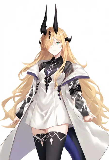 score_9, score_8_up, score_7_up, score_6_up, score_5_up, score_4_up, source_anime, 1girl, solo, 
Eblana, blonde hair, long haior, hair over one eye, hair ornament, dragon tail, dragon horns, strapless dress, white dress, black shirt, long sleeves, see-through sleeves, off-shoulder jacket, white jacket, open jacket, collared shirt, short dress, black sleeves, see-through, black thighhighs, 
masterpiece, best quality, very aesthetic, absurdres,