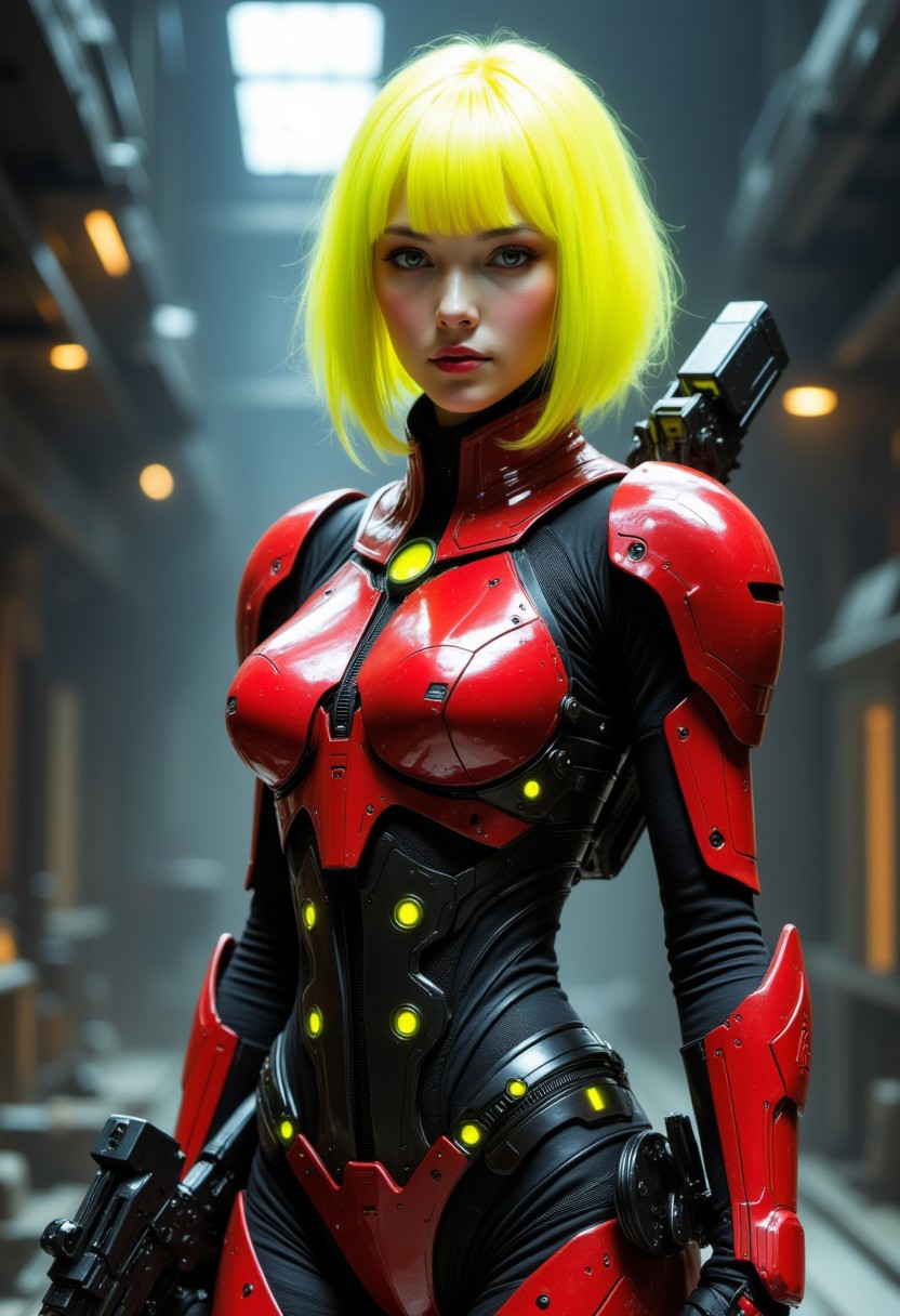japanese female sci-fi with cyber implants, neon yellow bob cut hair, red N7 (sourece Mass Effect video games) power armor with yellow accents over black bodysuit, assault weapon slung over her back, standing in a mech hangar, directioinal lighting