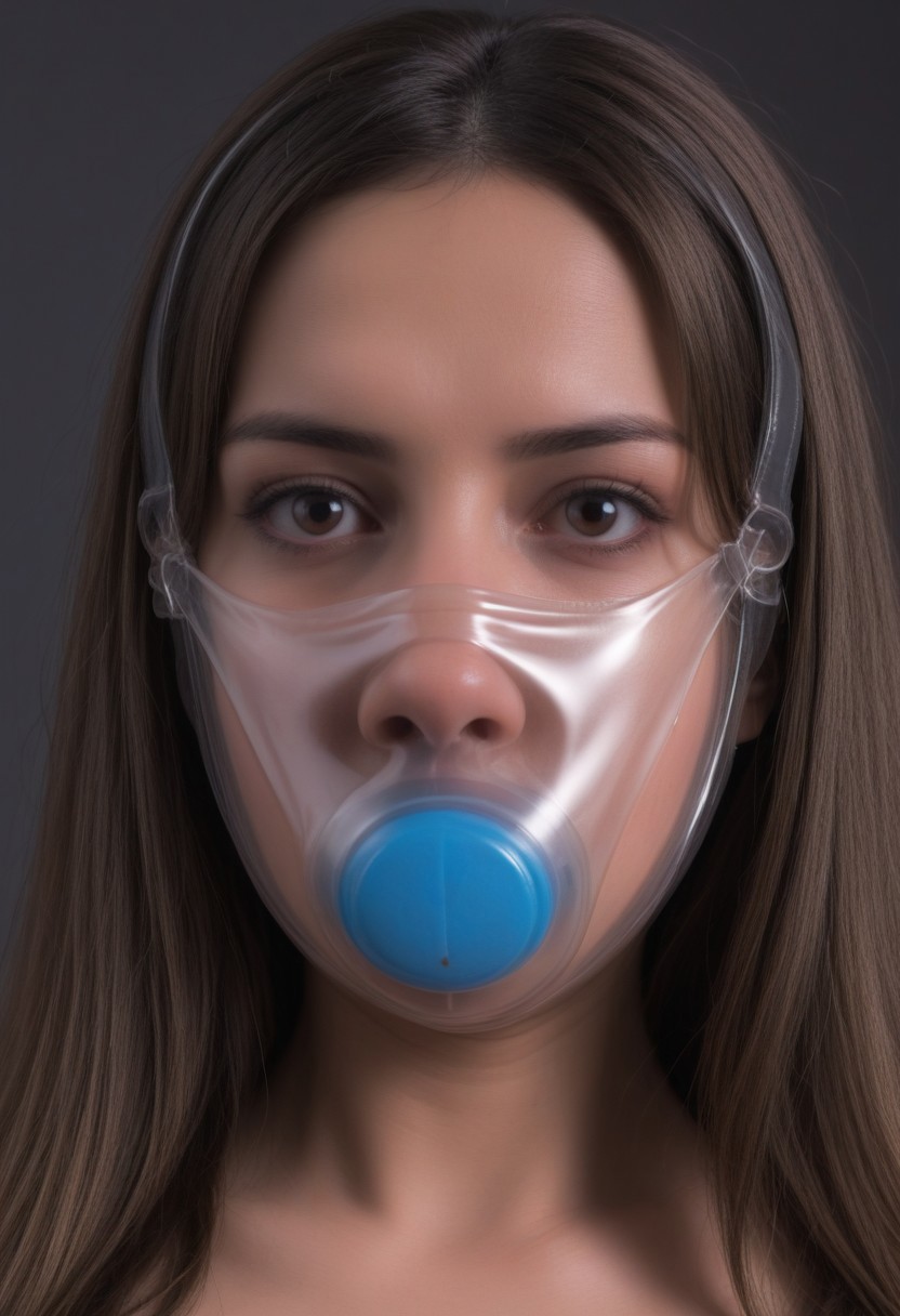 (clear molded plastic muzzle gag), wearing gag, gagged, cute woman, (long hair), detailed face, (looking at viewer)