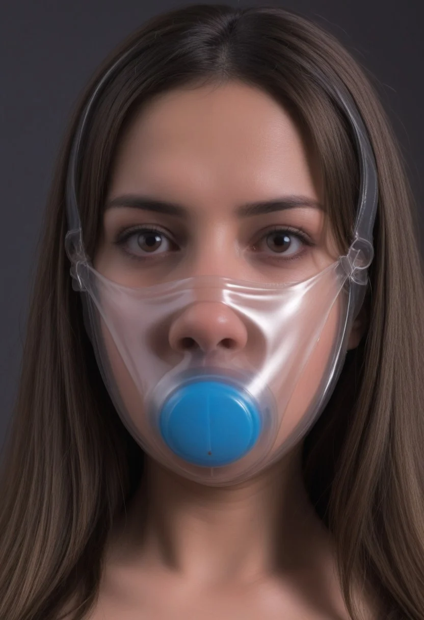 (clear molded plastic muzzle gag), wearing gag, gagged, cute woman, (long hair), detailed face, (looking at viewer)