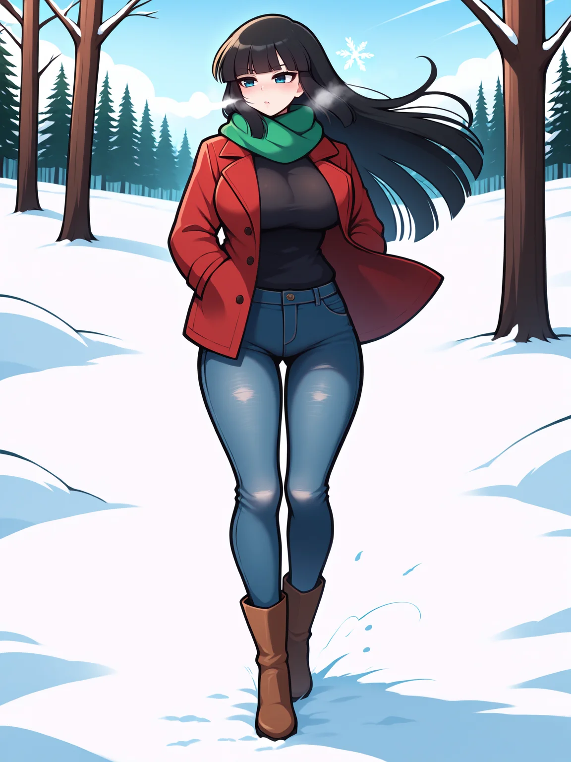 masterpiece, best quality, amazing quality, by asukaln
(solo:1.4), Ikaruga_IL, long black hair, blunt bangs, hime cut, dark blue eyes, large breasts, red coat, jeans, green scarf, high boots
hands in pockets, outdoors, winter, wind, hair fluttering in the wind, trees, snowflakes, flying snow, snow, cold
<lora:Mystyle_SDXL_LoCon_DORA_v2:1>
<lora:SK_Ikaruga_IL:0.8>