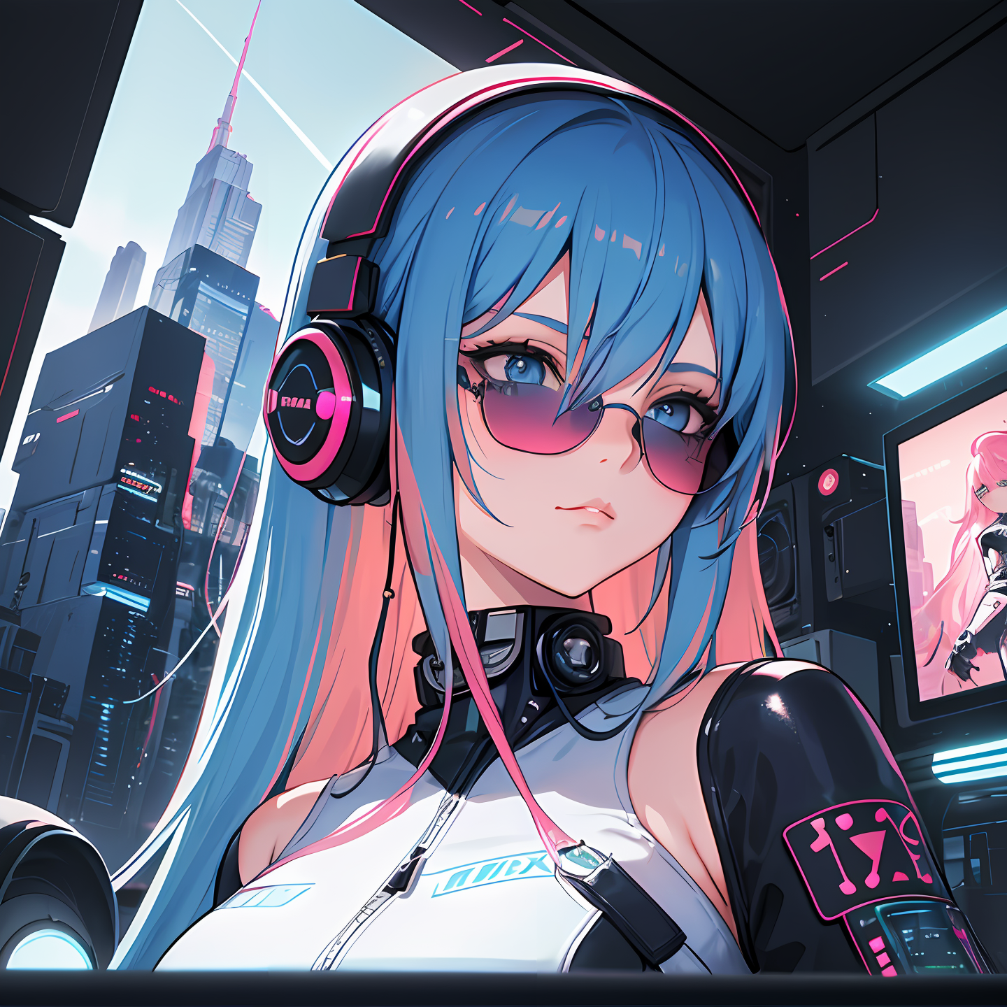 2girl, long hair, ((blue hair)), ((pink hair)),  blue eyes, space, galaxy, comet, (illustration:1.1), (perfect details:1.1), landscape, background, latex, abstract, sexy, (blue sunglasses), headphones, blue and black and white outfit, (extremely detailed), cyberpunk, futuristic, spaceship, tv screen