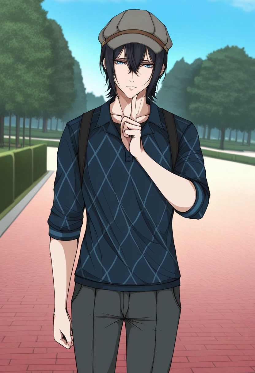 masterpiece, best quality, , anime screencap, anime coloring, official style,, 1boy, solo, male focus, <lora:ren_amaki_ilxl:0.94>, ren_amaki, black hair, blue eyes, hair between eyes, , wide angle, wide shot, cowboy shot, park, midnight, index finger raised, sad, Straight-leg pants, Geometric Flannel Gray Rugby shirt, Hiking boots, Gatsby cap,