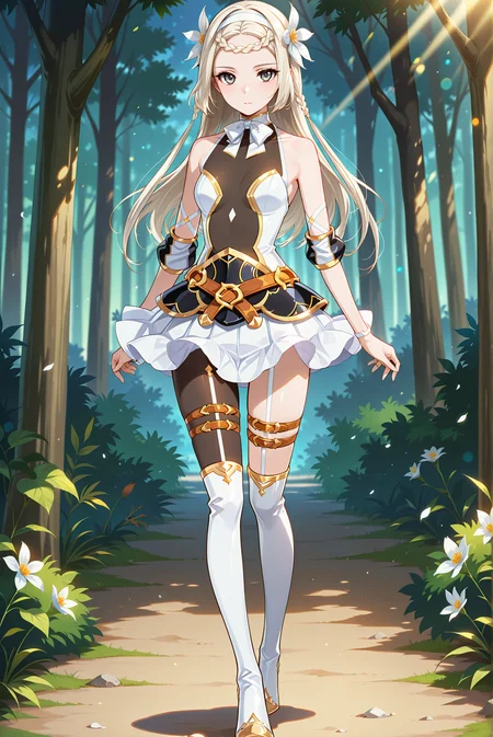 masterpiece, best quality, anime, 2d, 1girl, (anime screencap), (slender), (small breasts), solo, <lora:E7-Iseria-ILXL-V1:1> is3ria
BREAK (platinum blonde hair, long hair, braided bangs, hair flower, white flower, white hairband), outdoors, forest, <lora:RealisticAnimeIXL:0.5>, bokeh, luminescent background,
BREAK (white dress, see-through cleavage, see-through, gold trim, jewelry, black armor, white skirt, miniskirt, elbow sleeve, bowtie, white bow, white footwear, thighboots),
BREAK (thigh belt, thigh strap, single leg pantyhose, black pantyhose, belt, strapless, halterneck),
BREAK (looking at viewer, full body:1.4), (grey eyes, expressionless)
