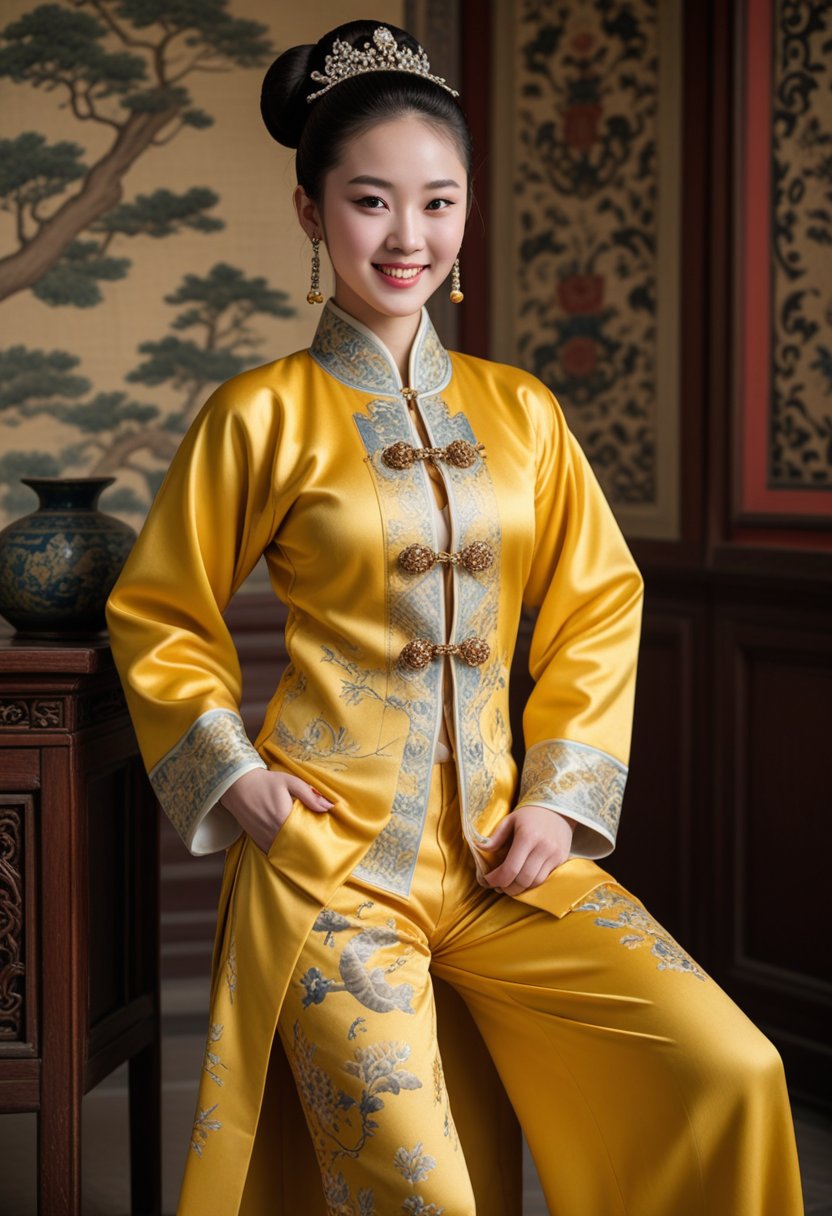 (medium full shot) of (elegant Chinese young woman from the Song Dynasty), wearing a yellow brocade jacket , silk trousers , silk boots with intricate designs, silver chain, elegant bun hair, set in the ancient china, in  a bustling palace, alive with the energy of courtiers, richly decorated chambers, vibrant tapestries, in the morning, woman smiling, Masterpiece,best quality, photo, realistic, very aesthetic, detailed face,