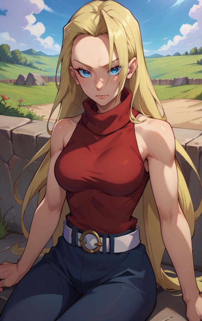 score_9, score_8_up, score_7_up, BREAK  <lora:piscalat-10:1> piscalatSDXL, 1girl, solo, long hair, blue eyes, blonde hair, red shirt, bare shoulders, very long hair, outdoors, sky, sleeveless, day, white belt, blue pants, cloud, blue sky, red turtleneck, hair down, sleeveless turtleneck, cowboy shot, sitting
