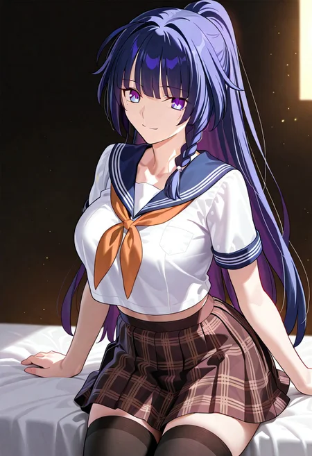 ((masterpiece, best quality, amazing quality, very aesthetic, absurdres)),
Takeuchi takashi, ((solo)), ((better eyes)), peaceful, smile, closed mouth, 1girl, (large breasts, thin waist, wide hips), (((raiden_mei_honkai_impact_3rd))), (((black hair, purple tinted hair, purple eyes))), ((long hair, bangs, side_braid, ponytail)), (((white top, orange neckerchief, short sleeves, pleated skirt, plaid skirt, brown skirt, black stockings))), no background, dark background, sideshot, cowboy shot, dark background, portrait, looking at viewer