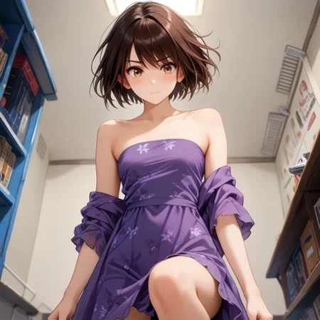 Action Scene, Action Pose, score_9, score_8_up, score_7_up, source_anime, masterpiece, best quality, highly detailed, Expressiveh, flushed, Leg,
1girl, hinase hotaru, (/A Condition Called Love)/, (ultra HD quality details), dark brown hair, short hair, (brown eyes)
Mesh, Strapless, Midi Dress, Purple Dress, Floral, Violet,
Low Angle View, hiding, Bangs, darkness, blushed skin, galaxy vortex, translucent hair, shy,
