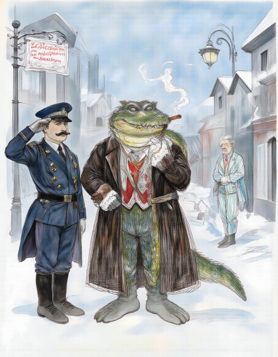 <lora:chizhic:1>, This image is a detailed, hand-drawn illustration in a whimsical, cartoonish style. It depicts three characters standing on a snow-covered street in a winter setting. On the left, a uniformed police officer stands at attention, saluting with his right hand. He is dressed in a dark blue uniform with gold buttons, a hat with a white band, and a white belt. His face is partially obscured by a mustache., 
In the center, a large anthropomorphic alligator stands confidently. The alligator is dressed in a long, dark brown fur coat with a white fur collar, brown fur gloves, and brown fur boots. It has a green, scaly skin texture and wears a red tie with a gold button. The alligator is smoking a cigar, and wisps of smoke curl from its mouth., 
To the right of the alligator stands a small, white-haired man in a light blue striped suit with a red tie. He is holding a hat in his right hand and appears to be listening attentively., 
In the background, there are buildings with snow-covered rooftops, a streetlamp, and a sign that reads, "Zoologischer Garten" in German. The overall scene conveys a whimsical, historical atmosphere with a touch of humor