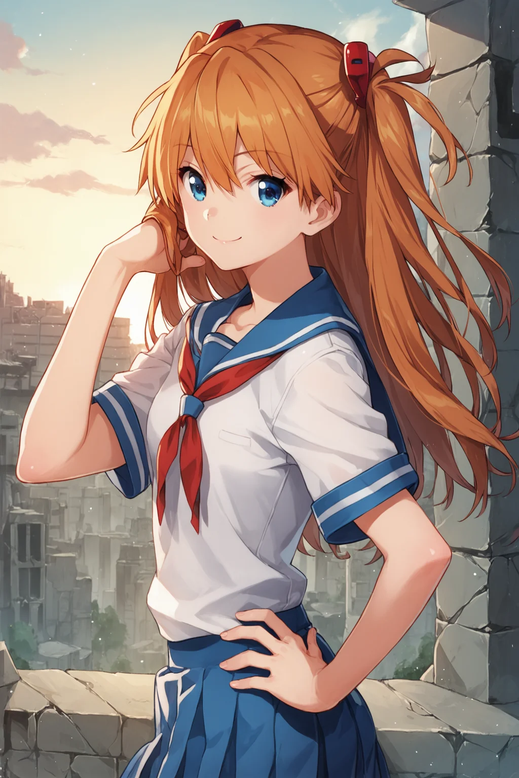1girl,long hair,souryuu asuka langley,ruins,city,blue eyes,smile,bangs,solo,:d,hair between eyes,small breasts,looking at viewer,headgear,two side up,hand on hip,adjusting hair,standing,orange hair,hand up,hair ornament,happy,from side,school uniform,ribbon,shirt,short sleeves,skirt,red ribbon,white shirt,looking at viewer,tokyo-3 middle school uniform,suspender skirt,cowboy shot,blue skirt,score_9,score_8_up,<lora:saitom_XL_PONY:0.8>,