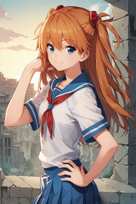 1girl,long hair,souryuu asuka langley,ruins,city,blue eyes,smile,bangs,solo,:d,hair between eyes,small breasts,looking at viewer,headgear,two side up,hand on hip,adjusting hair,standing,orange hair,hand up,hair ornament,happy,from side,school uniform,ribbon,shirt,short sleeves,skirt,red ribbon,white shirt,looking at viewer,tokyo-3 middle school uniform,suspender skirt,cowboy shot,blue skirt,score_9,score_8_up,<lora:saitom_XL_PONY:0.8>,