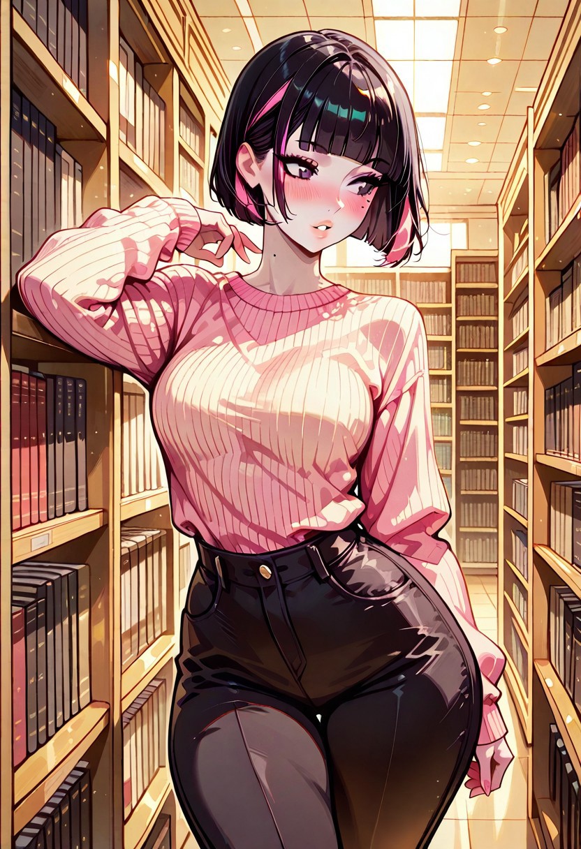 masterpiece, best quality, 32k, high resolution, absurdres, Sarah, SarahRH, short black hair, bob cut, straight hair, blunt bangs, dyed bangs (pink), (pink) streaked hair, dark eyes, cute face, beautiful lips, medium breasts, curvy, large hips, pale skin, mole under her eye, moles on her body, pinup pose,  pink t-shirt, sexy look, parted lips, beige sweater, ribbed sweater, black pants, library, looking at you, blush,