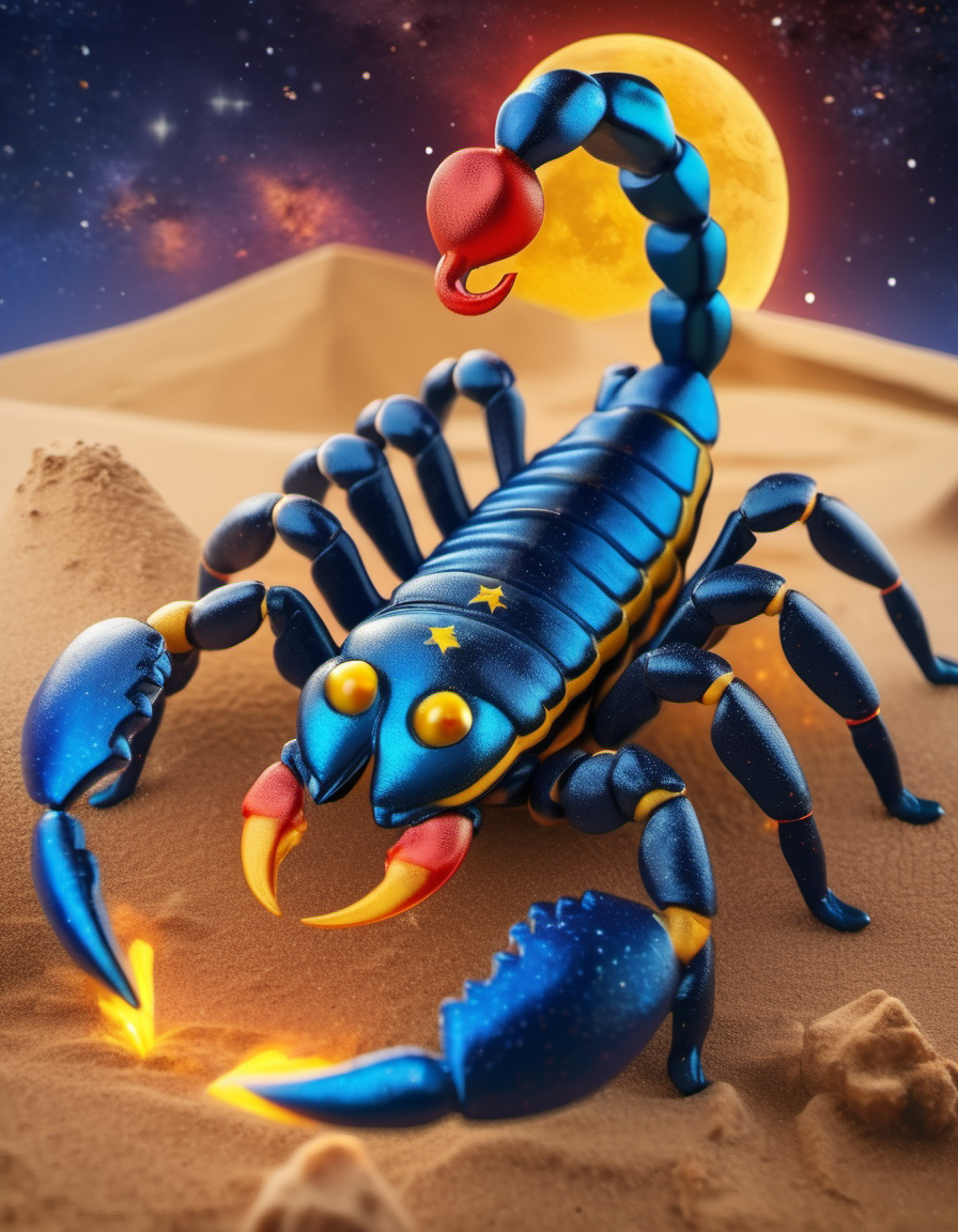 (Realistic:1.5) EdobScorpion, pov, multiple boys, starry sky, sand, thrusters, red eyes, from above, yellow theme, star (symbol), blue eyes, fire,  <lora:EdobScorpionArtistic_XL_v1.0:0.8>