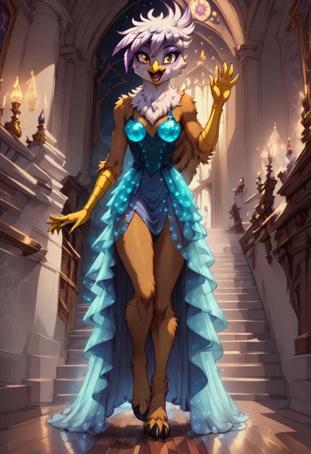 score_9, score_8_up, score_7_up, anthro,
(((Gilda))), Griffon,
facing viewer, front view, female focus, view from chesthight,
g5, pony, female, mare, tail, dock, solo, 1girl, highly detailed, beautiful, detailed eyes, detailed fur, beautiful eyes, (tall), ((perfect body proportions), (beautiful long legs),
small breasts, show accurate skin colour,
long hair, fluffy hair, biggest hair,
(((walking ((down)) a grand staircase))), (((waving to viewer))), ((happy, excited, smiling at viewer invitingly)),
(((wearing a beautiful eyecoloured bioluminescent shoulderfree ballgown))), glowing ballgown,
BREAK,
highly detailed background, (((nighttime))), night
inside Canterlot castle, ballroom, ((grand staircase)), mirror marble floor, (((dimmed lights in the room))),