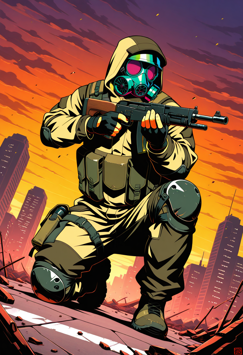 masterpiece, best quality, Graphic Design, color art, vibrant colors, colorful, intricate details, high contrast, detailed background, beautiful detailed, beautiful face, detailed eyes, detailed face, new, newest, 1boy, solo, g0rk4, military uniform, jacket, pants, camouflage, dynamic pose, city, debris, hood up, gas mask, evening, sunset, cloudy, dutch angle, pouch, knee pads, tactical clothes, weapon, holding gun, kalashnikov, on one knee, aiming, vest, fingerless gloves,