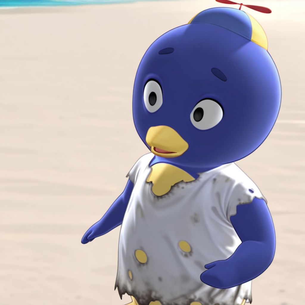 masterpiece, best quality, amazing quality, PabloByil, anthro, male, penguin, blue skin, black eyes, propeller hat, white shirt, dirty shirt, torn shirt, beach, solo, 1boy