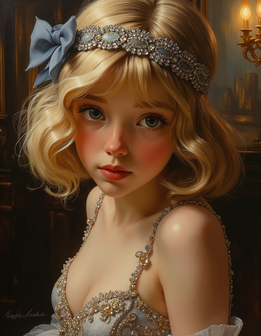 A close up portrait oil painting of teen Princess Cinderella, set in the opulent surroundings of a grand Gatsby-era ballroom. She is wearing a shimmering 1920s flapper dress adorned with intricate beadwork and fringes that catch the light and headband complements her chic bob hairstyle. She has blond hair, blue eyes, petite, and pale white skin.
Focus on the Cinderella, shadow and light, Masterpiece, intricate lines, intriguing atmosphere, sharp magnificent details, delicate features, elaborate details, (2\3 rule composition:0.5), ultra detailed, romantic, Rembrandt lighting, brush stroke, lovely, del1cate_balance style, novuschroma, in the style of Rembrandt. vantablack <lora:style_of_Rembrandt_FLUX_135:.8> <lora:- Flux1 - vanta_black_V2.0:.3> <lora:Delicate_Balance:.3> <lora:113_novuschromaFLX_1:.2> <lora:neeeg_f1:-1>
 <lora:zavy-disney-cinderella-fxl:.4>