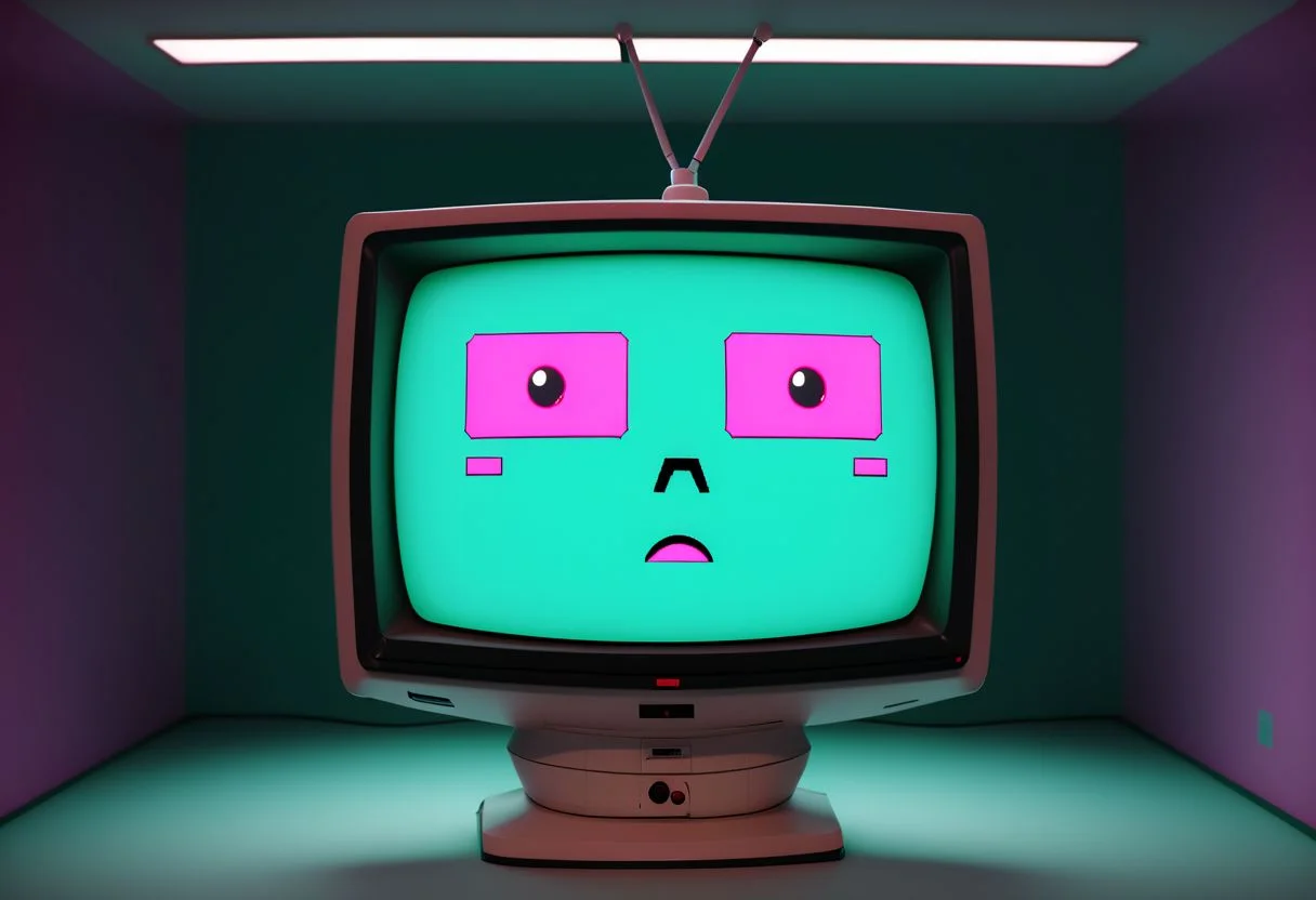 A CRT TV-faced robot displays the message "I will kill you".