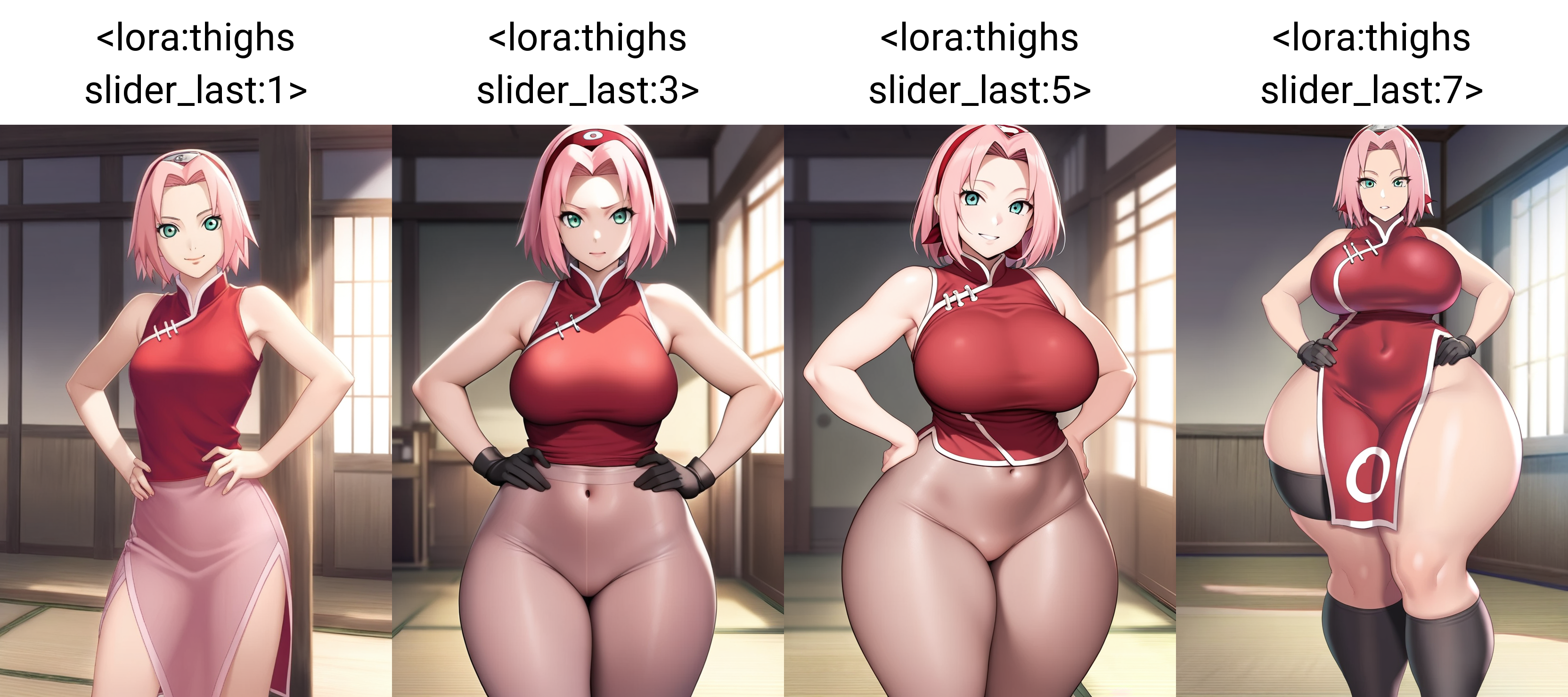 masterpiece, best quality, 1girl,  indoors, haruno sakura, standing, hands on hips,  looking at viewer,       <lora:thighs slider_last:1>