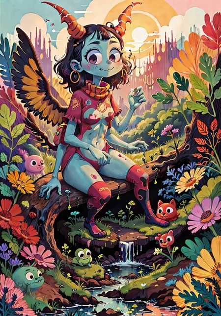 candy, jelly beans, rainbows, clouds , psychedelic, many small creatures, cartoon character with horns and purple skin sitting with fish, stylized, short , animal, humanoid, stripes, patterns <lora:COOLKIDS_MERGE_V2.5:.7> <lora:doodle art:.8> surrealistic,tuyawang,abstract,doodle art <lora:EyestrainColors:.3> EyestrainColors, big hands, serpent, wings <lora:ExtraArms:1> ExtraArms, extra arms, fish, (masterpiece:1.5, best quality), 8k wallpaper, highres, high resolution, illustration,HDR.UHD.4K,8K,64K,Highly detailed,extreme detail description,Professional