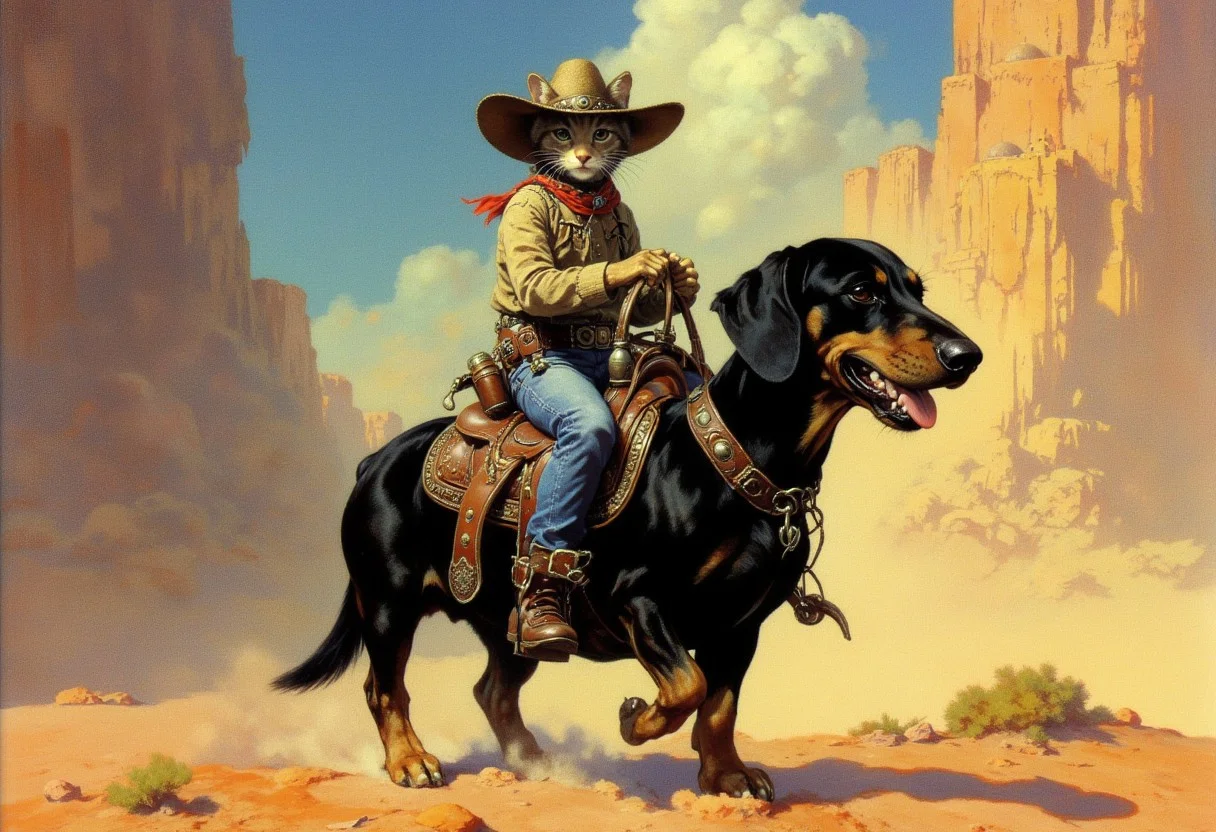 Frank Frazetta sci-fi oil painting of just a happy all black Dachshund wearing a small saddle with a cat wearing a cowboy hat dressed like a cowboy riding on his back, a classic gothic baroque fantasy art painting with vibrant colors, digital artwork, illustrative, matte painting, highly detailed, highly dramatic lighting