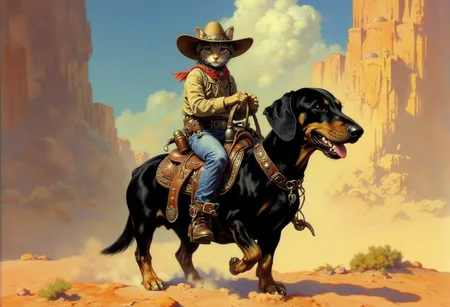 Frank Frazetta sci-fi oil  painting of just a happy all black  Dachshund wearing a small saddle with a cat wearing a cowboy hat dressed like a cowboy riding on his back,  a classic gothic baroque fantasy art painting with vibrant colors, digital artwork, illustrative, matte painting, highly detailed, highly dramatic lighting