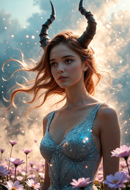 best_quality, absurdres, ultra-detailed, highly_aesthetic, 8K, UHD, highly_detailed_eyes, depth_of_field, subject_focus,
dutch_angle, 1girl, woman, beauty, magical, dynamic motion, flowers, glowing_particles, cinematic, high_angle, horn floating_hair, windy, simple_background, fog, glitter_effect, joy