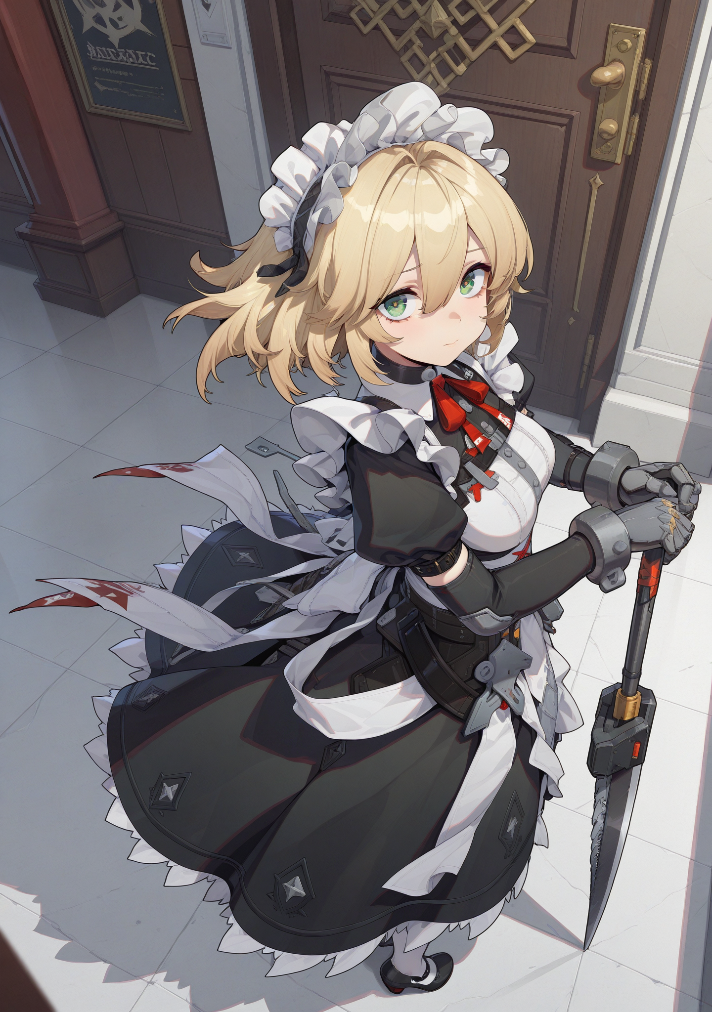 masterpiece,best quality,amazing quality,
1girl,<lora:zzzcc2:1>,zzzcc,1girl,maid headdress,holding weapon,standing,hair between eyes,frills,bangs,looking at viewer,from above,