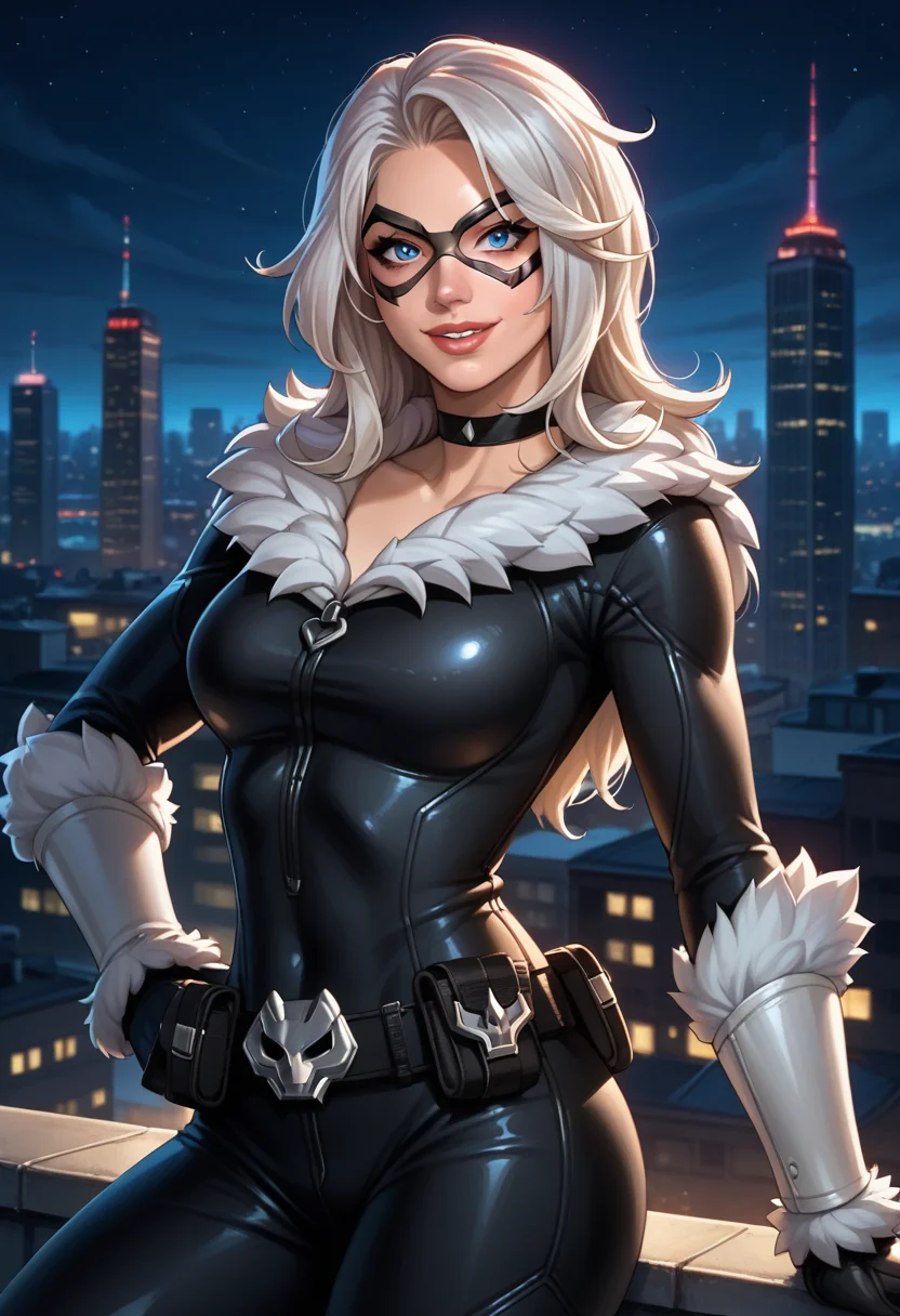 score_9, score_8_up, score_7_up, source_anime, BREAK solo, 1 girl, <lora:FNBlackCat-000008:1> , BlaCtFN, white hair, mask, blue eyes, choker, fur trim, black bodysuit, white vambraces, utility belt, belt buckle, breasts, seductive smile, looking at viewer, , 1 girl, solo, cityscape, rooftop, night, parted lips, black gloves, hand on own hip, looking at viewer