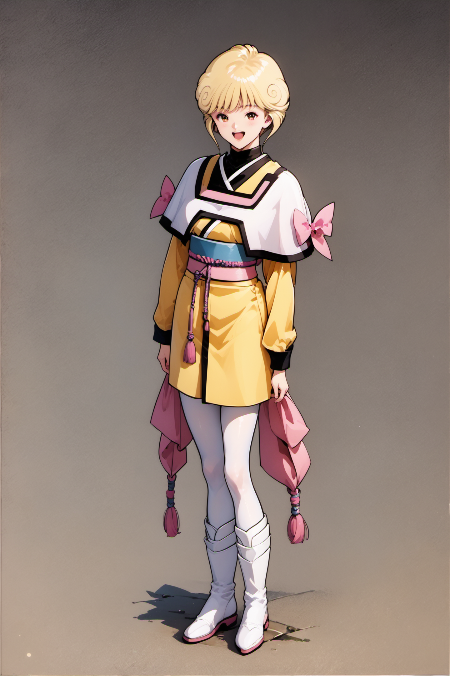 Ai Amano,solo,1girl,full body,short hair,brown eyes,white footwear,smile,open mouth,boots,looking at viewer,long sleeves,blonde hair,standing,yellow short kimono white pantyhose white capelet pink obi pink bow,traditional media,score_9,score_8_up,<lora:Katsura Masakazu_XL_PONY:0.9>,