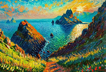 Witcher 3 landscape, ((Skellige, Kaer Trolde)), cmnt, style of Monet, wallpaper style, vibrant beautiful colors, highly detailed, aesthetic, great lighting, extremely detailed, award winning, perfect composition, a rich and complex image, a vibrant tissue of hues and textures captured digitally, best quality, captivating, intricately detailed, hyper detailed, maximalist style, sharp focus, dynamic lighting, superb composition, finest details, highest aesthetics, best quality, sharp focus, high contrast, stylized, clear, colorful, ultra quality, 8k, best quality, masterpiece,midjourneyv6.1