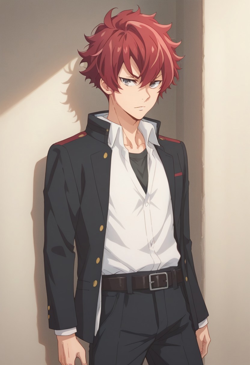 score_9, score_8_up, score_7_up, source_anime, highly detailed, 
kensei, 1boy, male focus, school uniform, solo, red hair, grey eyes, belt, open jacket, open clothes, shirt, white shirt, pants,