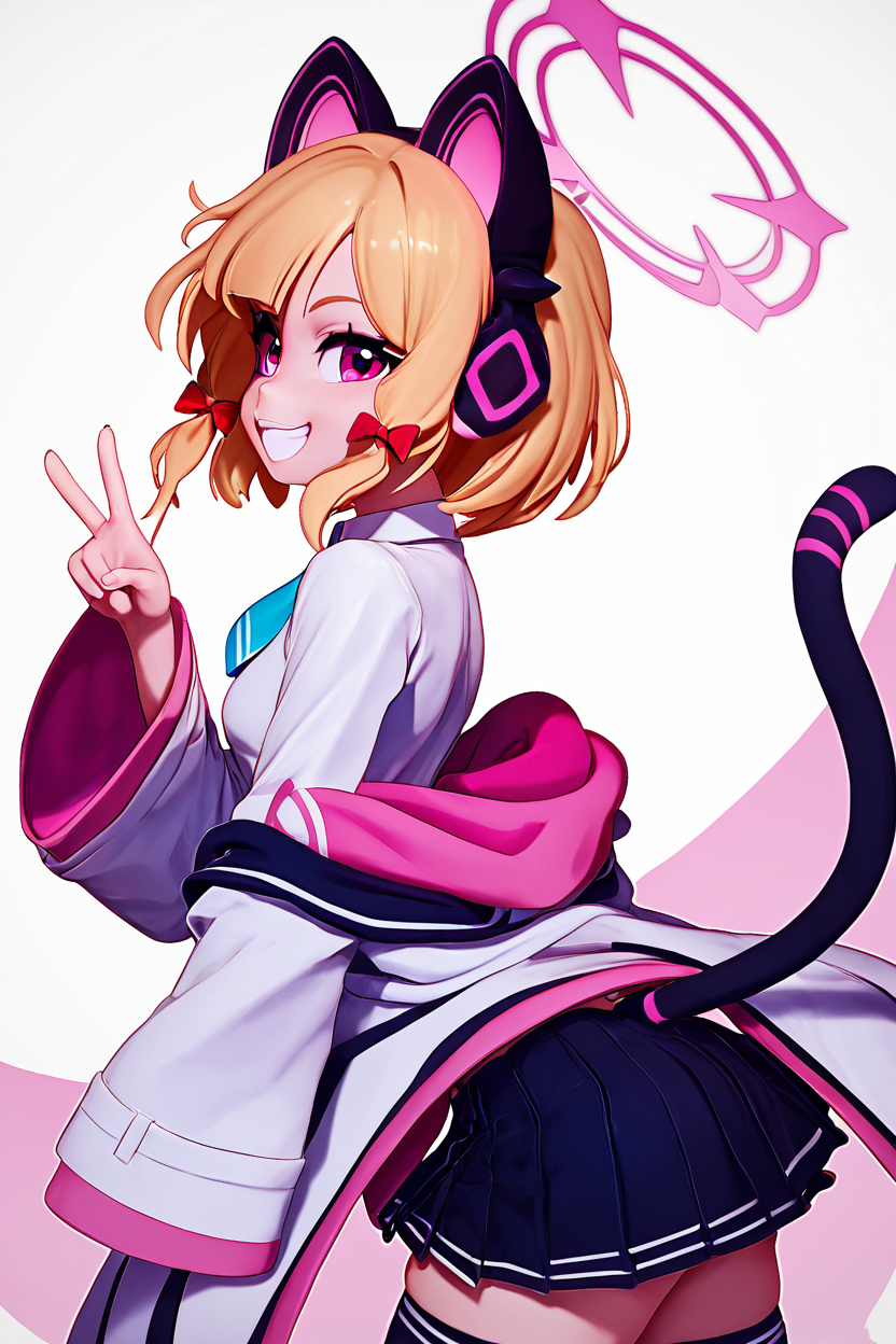 score_9, score_8_up, score_8, medium breasts, (curvy), cute, eyelashes,       BREAK, , ,,, zzMomoi, blonde hair, animal ears, fake animal ears, animal ear headphones, headphones, short hair, bow, halo, cat ear headphones, hair bow, red bow, pink eyes, pink halo, tail, cat tail, red eyes, collared shirt, long sleeves, pleated skirt,  white shirt, black skirt, blue necktie, white jacket, wide sleeves, black thighhighs, suspender skirt ,<lora:Momoi_BlueArchive_PDXL:0.8>,    ,,,, BREAK, smile, looking at viewer, cowboy shot, side view, ass,  ,,, embedding:zPDXL, Expressiveh, ,,, <lora:Zy0n7_PDXL:0.8>, <lora:SDXLFaeTastic2400:0.5>, <lora:Expressive_H-000001:0.4>,