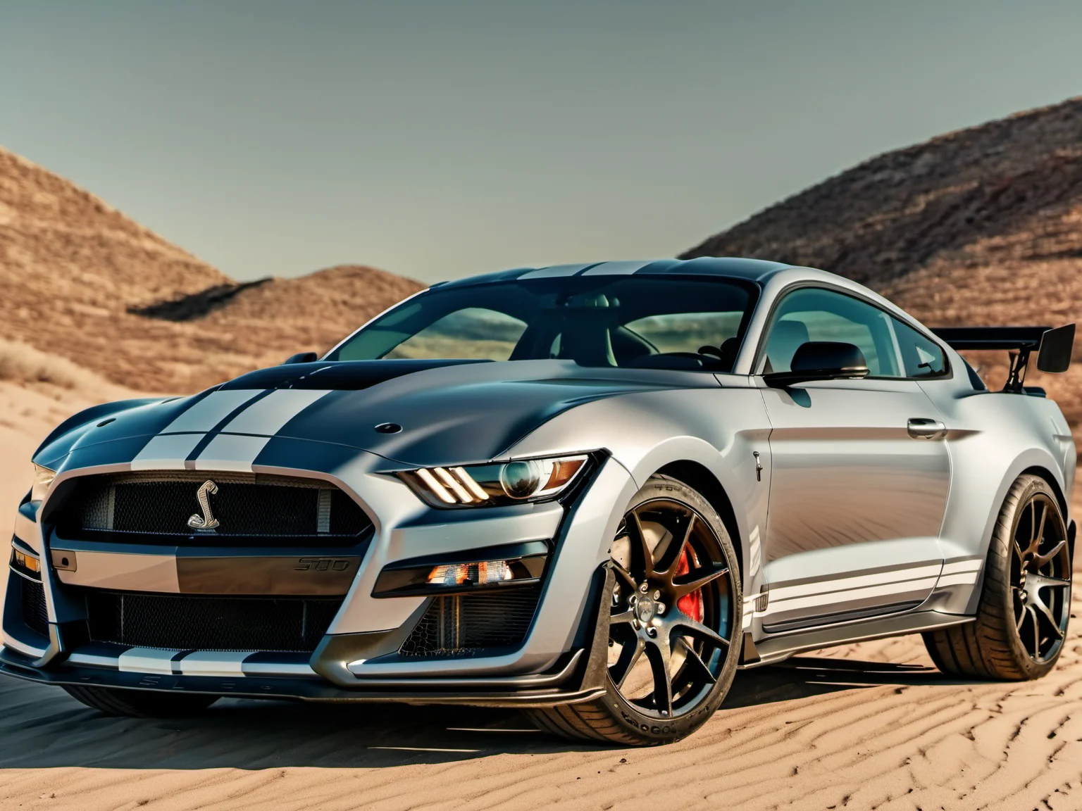 a closeup photo of mstgsgt500 car parked outdoors in the mountains, sand dunes, hdr, 8k, ultra high-res, movie picture still-frame<lora:mstgsgt500_car_t02_SDXL-000010:0.7>