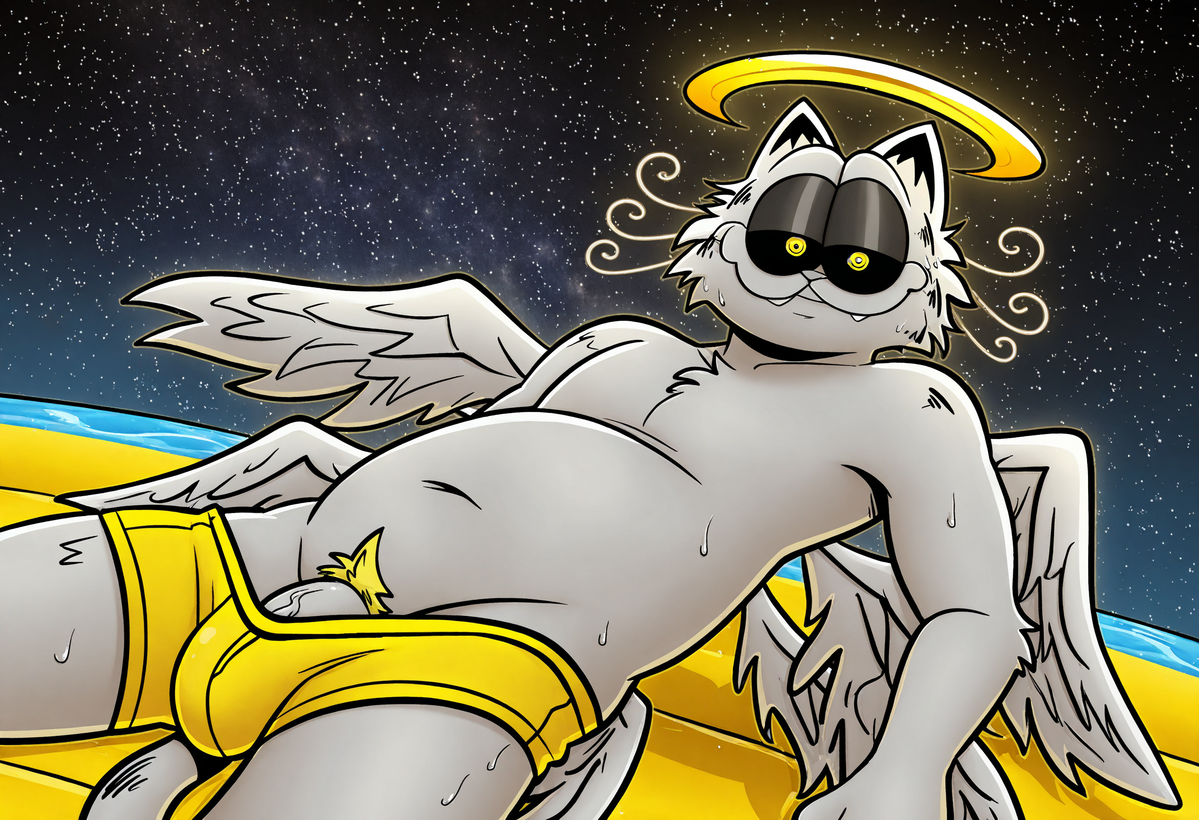 <lora:Godfield_illustrious-000015:1.0>, score_9, detail background, backlight, score_8_up, score_7_up, masterpiece, best quality, 1boy, solo, anthro, furry, no humans, godfield, cat ears, solo, black sclera, yellow eyes, white fur, nude, naked, yellow accents, halo, wings, white wings, 6 wings, sweat, slightly chubby, seductive, swimming trunks,(yellow pubes), yellow swimming trunks, bulge, flaccid bulge, penis outline, (barely contained:1.2), in pool, relaxed, galaxy, starry, leaning back, looking at viewer,