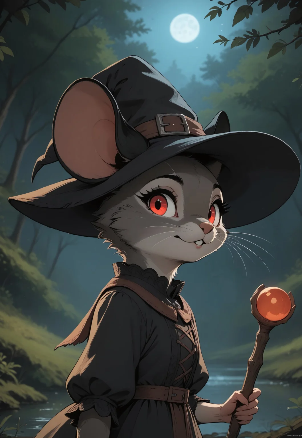 score_9, score_8_up, score_7_up, score_6_up, score_5_up, score_4_up, m0use_maximilla, short black dress, witch hat, glowing red eyes, (large ears), (black ears:2)
[][][][][]
outdoors, nature, autumn, (head shot), (cute), side view, (expressive:1.5), low angle view, swamp, holding magical staff, (blurry background, depth of field:1.5), look at viewer, night, dark, 