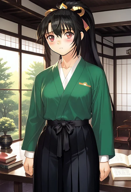 (score_9, score_8_up, score_7_up, highest score, best quality:1.2), zPDXL3, is pretty, clear, perfection style, perfection, perfect, neghands, detail1eye, hi-res, 16k, perfection style, source_anime, tony taka BREAK 1girl, solo, yamamoto isoroku, black hair, red eyes, high ponytail, very long hair, large breasts BREAK blush, shy, <lora:miko_Pony_V1.0:1.1> jyojifuku, miko, green shirt, black hakama, black undershirt, black ribbon BREAK washitsu, scenery, table, plant, indoors, lamp, sliding doors, tatami, tree, box, book, window, chair, potted plant, vase, architecture, (indoors:1.3), cowboy shot, dynamic view, perspective, sharp colors, perfect anatomy, (detailed realistic background:1.3), (high quality:1.1), (ultra detailed:1.4), <lora:pony_good_hands:0.7>, <lora:add-detail-xl:1>, <lora:xl_more_art-full_v1:0.5>