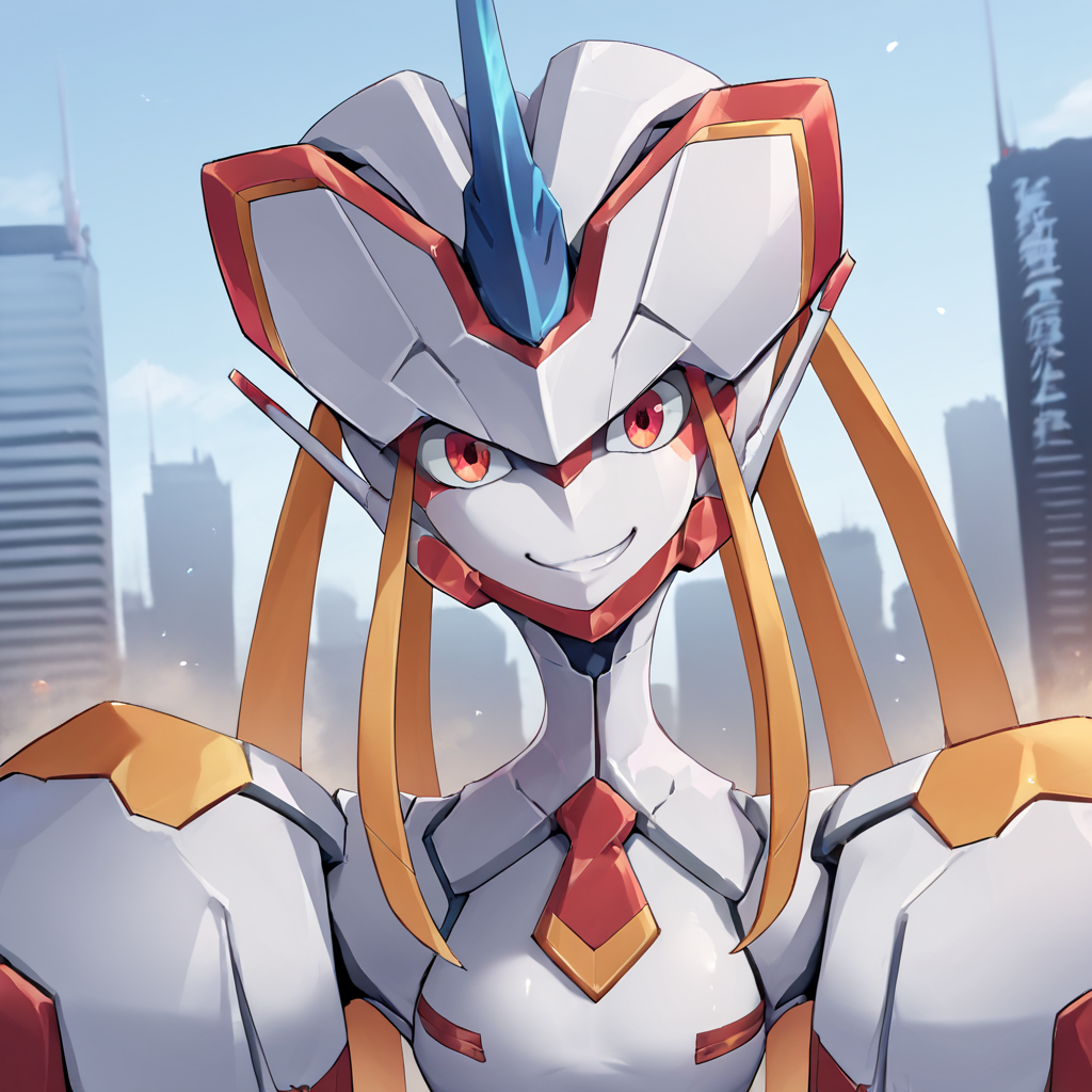 score_9, score_8_up, score_7_up, score_6_up, score_5_up, score_4_up, source_anime,  Strelizia, robot, city, smile