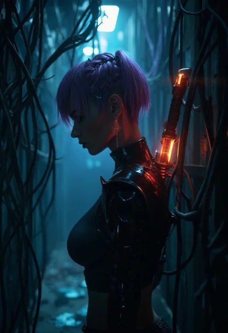8k wallpaper of a cyborg woman with a short, purple haircut, including a small braid as part of her hairstyle, and a dangling earring in the shape of an inverted cross. She is making her way through a dark, narrow corridor, where thick cables are tangled and draped like jungle vines. Her is holding a glowing katana on its shoulder, Her cyborg cybernetic hand reaches through the cables toward the viewer, illuminated by a soft, neon light that casts shadows on her face and arm. The scene is styled with the dystopian, cyberpunk aesthetic of Blade Runner (1982) and Ghost in the Shell (1995), featuring a mix of gritty realism and futuristic elements. The atmosphere is heavy and tense, with a sense of mystery and technological decay, style of  Benedick Bana, messy, streaks, Maciej Kuciara, 8k photo, cinematic, highly detailed, perfect Composition, realistic photographic image, RAW photo highest quality, perfect directional lighting,
<lora:other/flux_realism_lora:1.0>